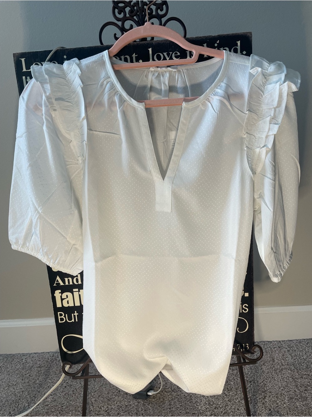 White Ruffle Shoulder Women's Blouse with V-Notch